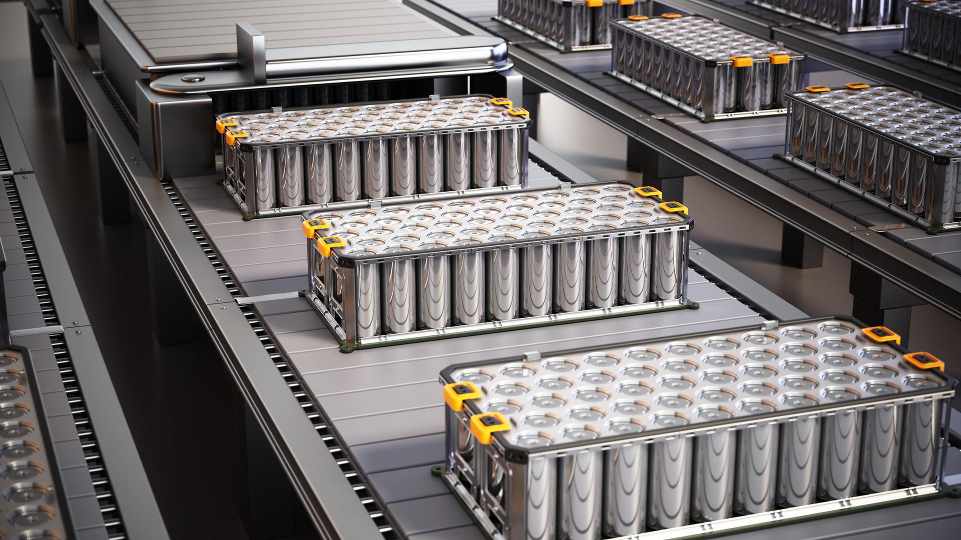 3D illustration of lithium-ion battery packs on a production line in a manufacturing facility during the daytime