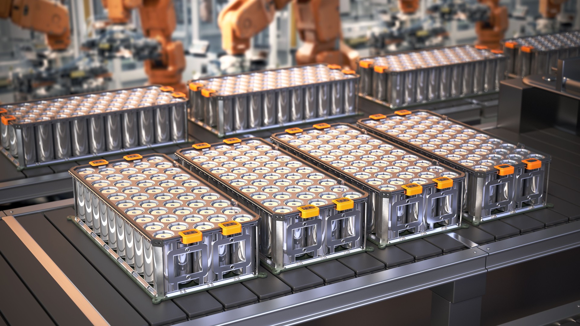 3D illustration of lithium-ion battery packs on a production line in a manufacturing facility during the daytime